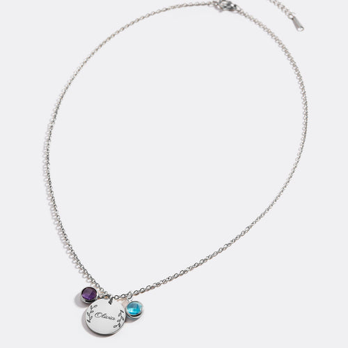 Engraved Birthstone Pendant Necklace with Leaves