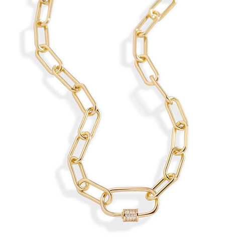 Link Chain Necklace with Pave Carabiner Clasp