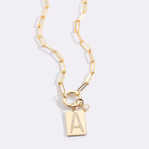 Pave Initial Pendant Necklace with Paperclip Chain