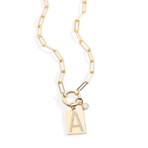 Pave Initial Pendant Necklace with Paperclip Chain