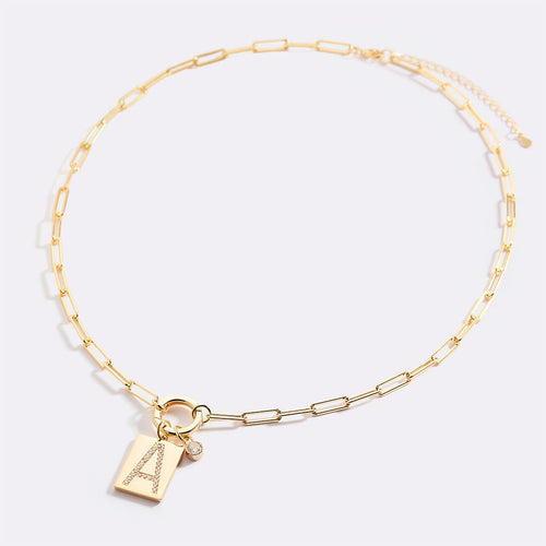 Pave Initial Pendant Necklace with Paperclip Chain