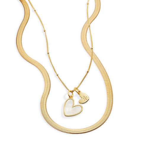 Mother Of Pearl Initial Heart & Herringbone Necklace Set