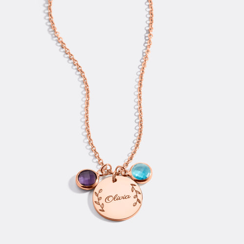 Engraved Birthstone Pendant Necklace with Leaves
