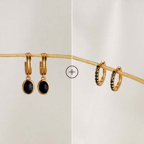 Black Gemstone Drop Hoops and Moonlight Black Huggies Bundle