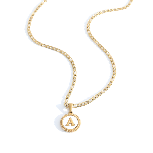 Mother of Pearl Disc Letter Necklace with Figaro Chain