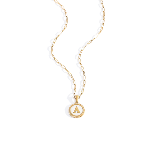 Mother of Pearl Disc Letter Necklace with Paperclip Chain