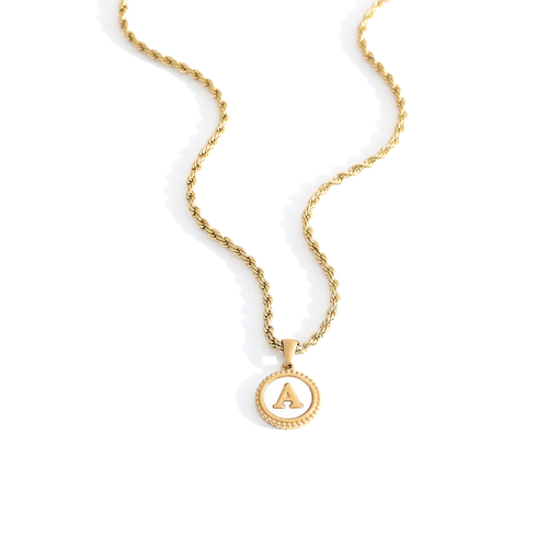 Mother of Pearl Disc Letter Necklace with Rope Chain