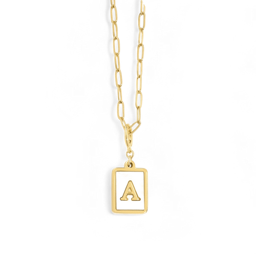 Mother of Pearl Card Initial Necklace | Paperclip Chain