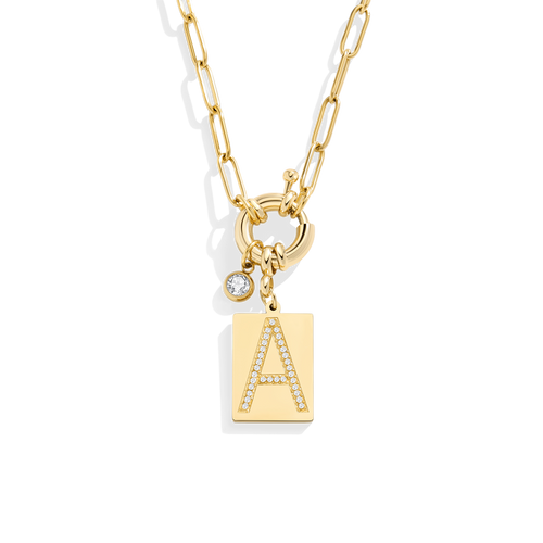 Pave Initial Pendant Necklace with Paperclip Chain