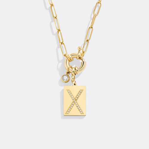 Pave Initial Pendant Necklace with Paperclip Chain