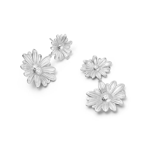 Recycled Silver Double Flower Drop Earrings