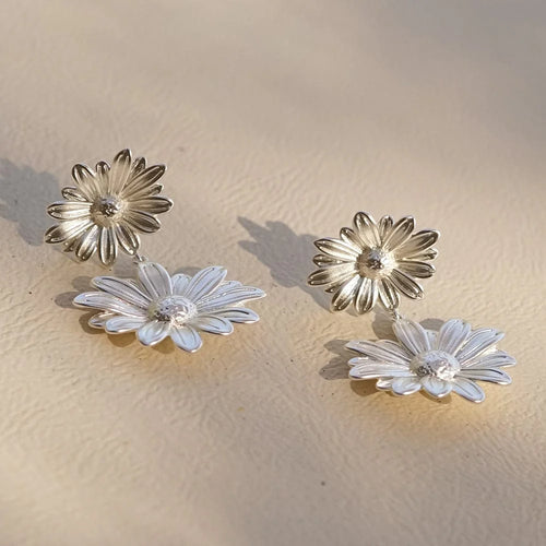 Recycled Silver Double Flower Drop Earrings