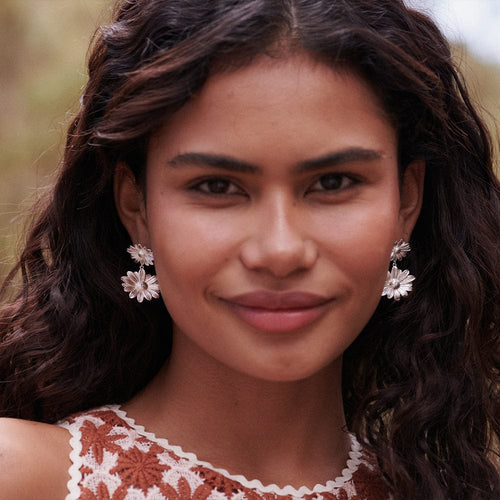 Recycled Silver Double Flower Drop Earrings