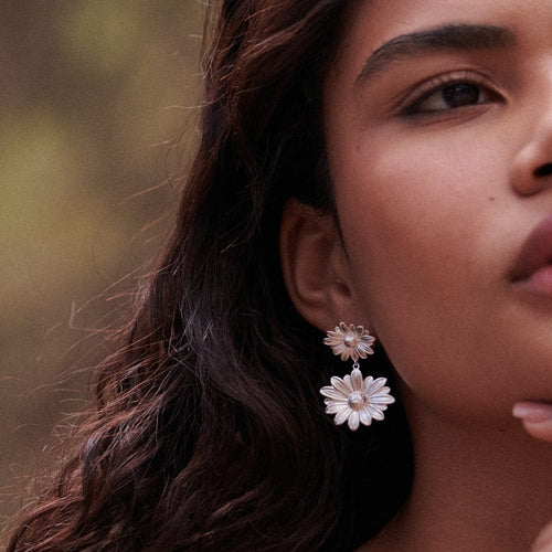 Recycled Silver Double Flower Drop Earrings