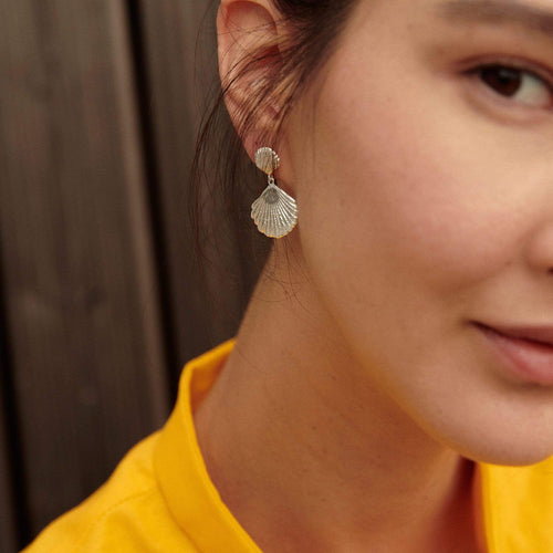Recycled Silver Double Shell Drop Earrings