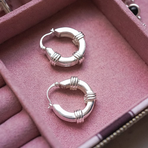 Triple Ridge Chunky Hoop Earrings in Sterling Silver
