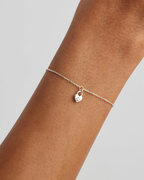 White Gold Vermeil Crystal Lotus Heart Padlock Bracelet