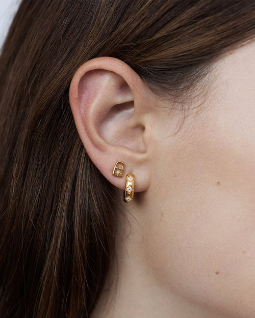 Yellow Gold Vermeil Crystal Lotus Padlock Stud Earrings