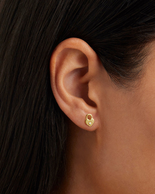 Yellow Gold Vermeil Crystal Lotus Heart Padlock Stud Earrings