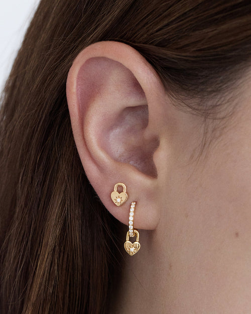 Yellow Gold Vermeil Crystal Lotus Heart Padlock Stud Earrings