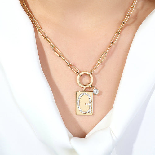 Pave Initial Pendant Necklace with Paperclip Chain