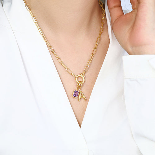 Mint Paperclip Necklace with Initial & Birthstone Charm