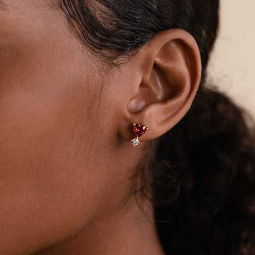 Garnet Heart Drop Stud Earrings