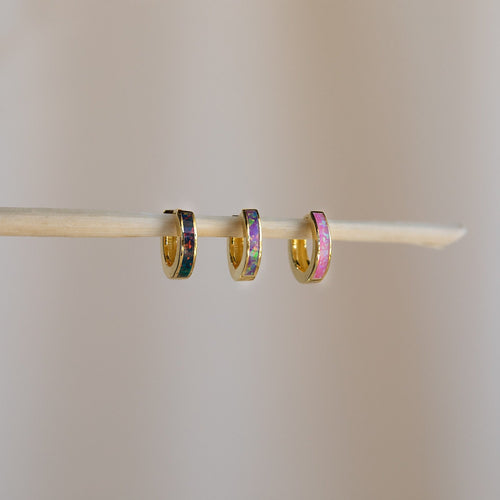 Exquisite Magenta Opal Inlay Huggie Hoop Earrings