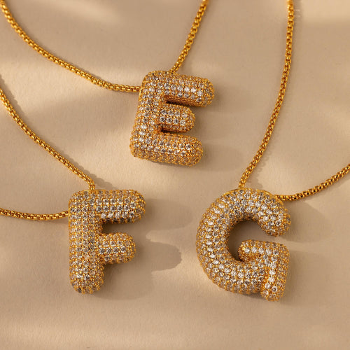 Personalized Puffy Initial Necklace with Pave Diamonds