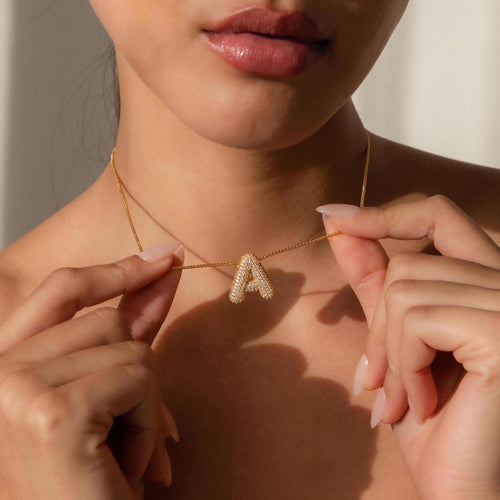 Personalized Puffy Initial Necklace with Pave Diamonds