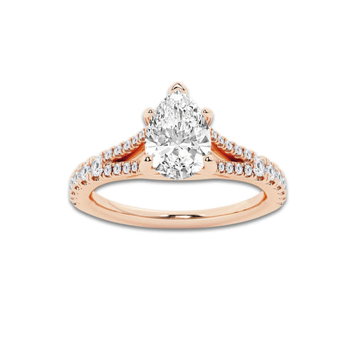 1.33 ctw Pear Lab-Grown Diamond Split Shank Side Stone Engagement Ring in 14K Rose Gold for Women | Colorless E, VS1 Clarity, IGI Certified 1.00 ct Center Diamond