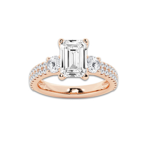 4.00 ctw Emerald Lab-Grown Diamond Three Stone Double Row Engagement Ring in 14K Rose Gold for Women | E Color, VS1 Clarity, IGI Certified 3.00 ct Center Diamond
