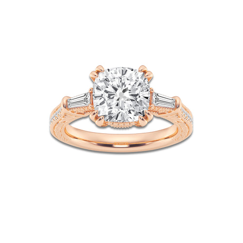 Margaret 2 1/2 ctw Cushion Lab Grown Diamond Old Mine Cut Filigree with Baguettes Side Stone Engagement Ring 14K Rose Gold, EF, VS2 | IGI Certified, 2 ct Center