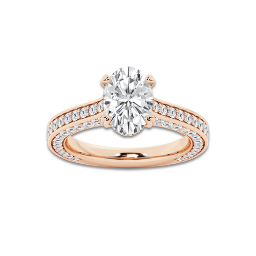 Kelly 3 ctw Oval Lab Grown Diamond Pave Profile Side Stone Engagement Ring 14K Rose Gold, D, VVS | IGI Certified, 2 ct Center