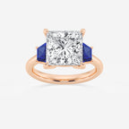 Camellia 5 ctw Princess Lab Grown Diamond and 5.5x3.3x2.2 mm Trapezoid Created Sapphire Three-Stone Ring 14K Rose Gold, E, VS1 | IGI Certified, 5 ct Center