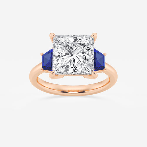 Camellia 5 ctw Princess Lab Grown Diamond and 5.5x3.3x2.2 mm Trapezoid Created Sapphire Three-Stone Ring 14K Rose Gold, E, VS1 | IGI Certified, 5 ct Center