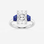 Camellia 4 ctw Radiant Lab Grown Diamond and 5.5x3.3x2.2 mm Trapezoid Created Sapphire Three-Stone Ring Platinum, E, VS1 | IGI Certified, 4 ct Center