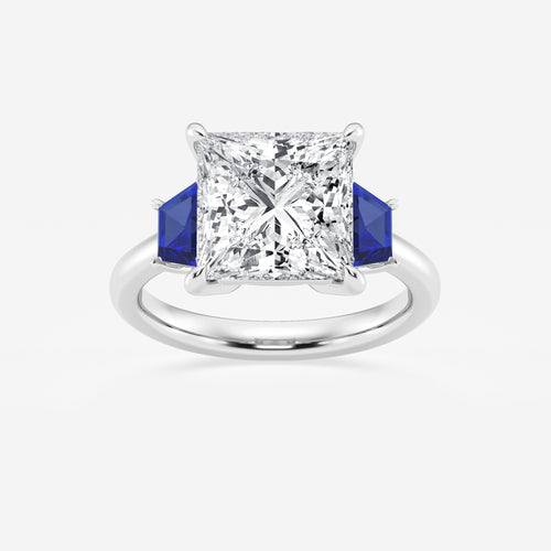 Camellia 5 ctw Princess Lab Grown Diamond and 5.5x3.3x2.2 mm Trapezoid Created Sapphire Three-Stone Ring 14K White Gold, E, VS1 | IGI Certified, 5 ct Center