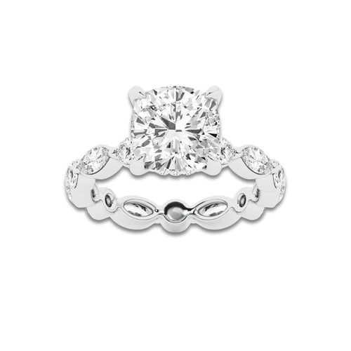 4 3/4 ctw Cushion Lab Grown Diamond Hidden Halo Alternating Round and Marquise Eternity Engagement Ring Platinum, D, VVS | 3 ct Center