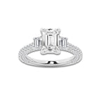 Hyacinth 3 1/10 ctw Emerald Lab Grown Diamond Three Stone Engagement Ring with Side Diamonds Platinum, E, VS1 | IGI Certified, 2 ct Center