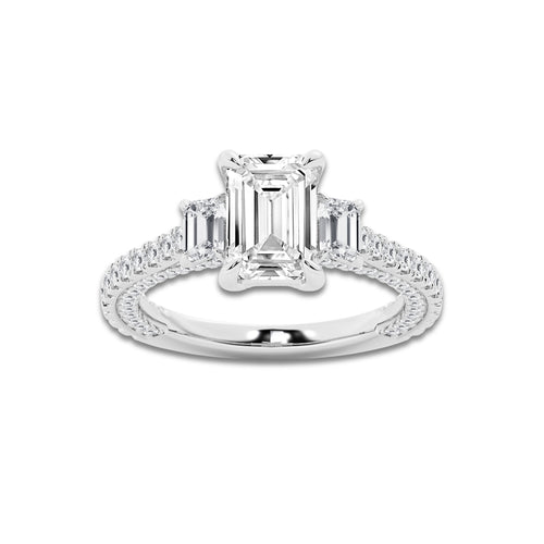 Hyacinth 3 1/10 ctw Emerald Lab Grown Diamond Three Stone Engagement Ring with Side Diamonds Platinum, E, VS1 | IGI Certified, 2 ct Center