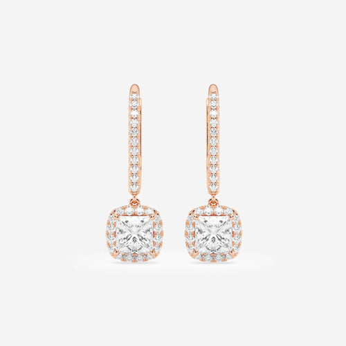 1 1/3 ctw Princess Lab Grown Diamond Halo Drop Earrings 14K Rose Gold, E, VS1