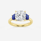 Camellia 4 ctw Cushion Lab Grown Diamond and 5.5x3.3x2.2 mm Trapezoid Created Sapphire Three-Stone Ring 14K Yellow Gold, E, VS1 | IGI Certified, 4 ct Center