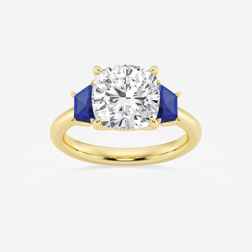Camellia 4 ctw Cushion Lab Grown Diamond and 5.5x3.3x2.2 mm Trapezoid Created Sapphire Three-Stone Ring 14K Yellow Gold, E, VS1 | IGI Certified, 4 ct Center