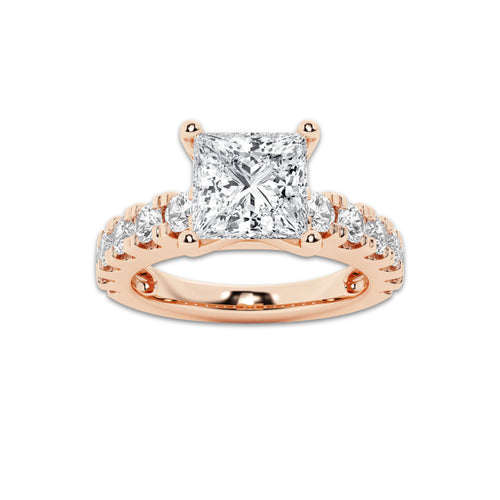 3.00 ctw Princess Lab-Grown Diamond Split-Prong Set Side Stone Engagement Ring in 14K Rose Gold for Women | Colorless D, VVS1 Clarity, IGI Certified 2.00 ct Center Diamond