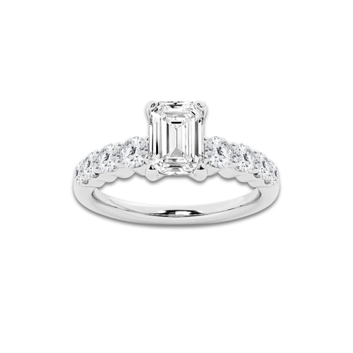 1.54 Ct Emerald Lab-Grown Diamond Half Eternity Engagement Ring in Platinum for Female, Colorless (D), VVS1 Clarity | IGI Certified, 1.00 Ct Center Diamond