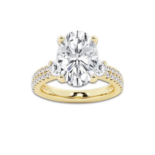 5.96 ctw Oval Lab-Grown Diamond Three Stone Double Row Engagement Ring in 14K Yellow Gold for Women | E Color, VS1 Clarity, IGI Certified 5.00 ct Center Diamond