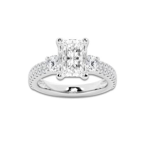 3.50 ctw Radiant Lab-Grown Diamond Three Stone Double Row Engagement Ring in Platinum for Women | E Color, VS1 Clarity, IGI Certified 2.50 ct Center Diamond