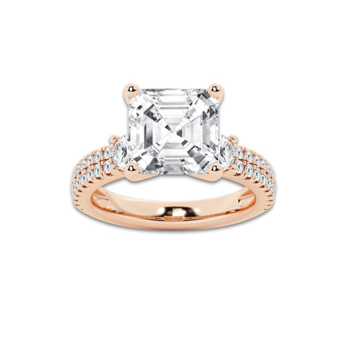 5.96 ctw Asscher Lab-Grown Diamond Three Stone Double Row Engagement Ring in 14K Rose Gold for Women | E Color, VS1 Clarity, IGI Certified 5.00 ct Center Diamond