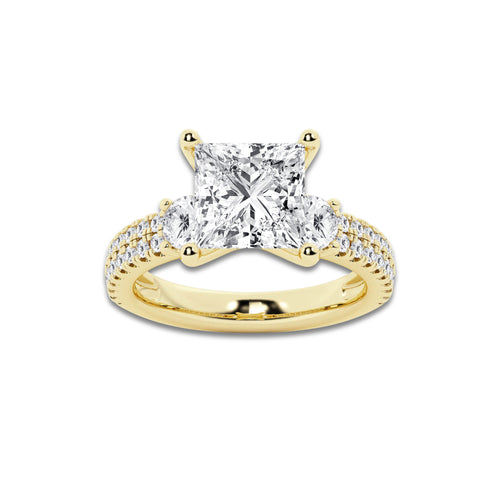 4.46 ctw Princess Lab-Grown Diamond Three Stone Double Row Engagement Ring in 14K Yellow Gold for Women | E Color, VS1 Clarity, IGI Certified 3.50 ct Center Diamond